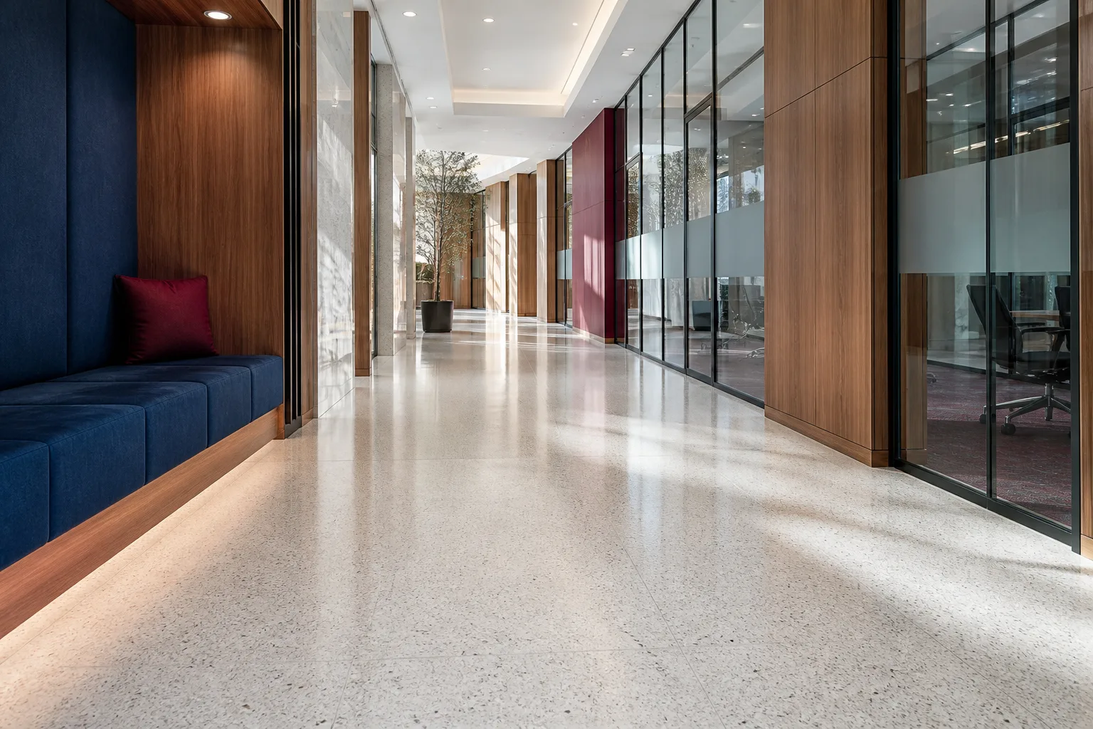 Polished floor in a bright Napa office corridor