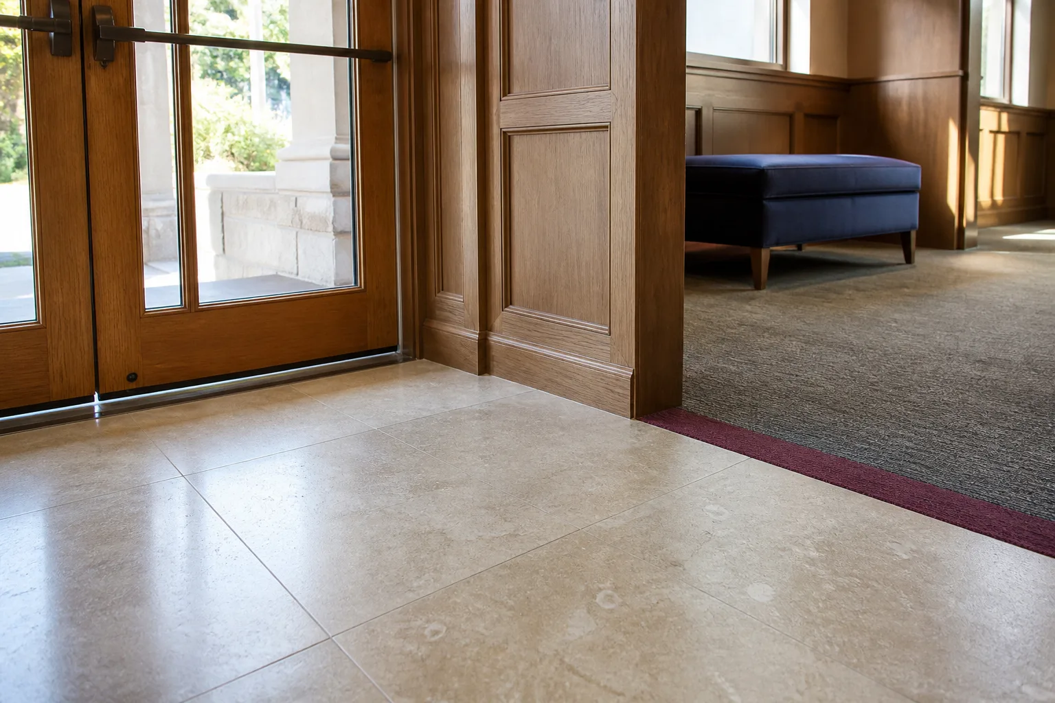 Tile and carpet flooring at a Napa commercial entrance