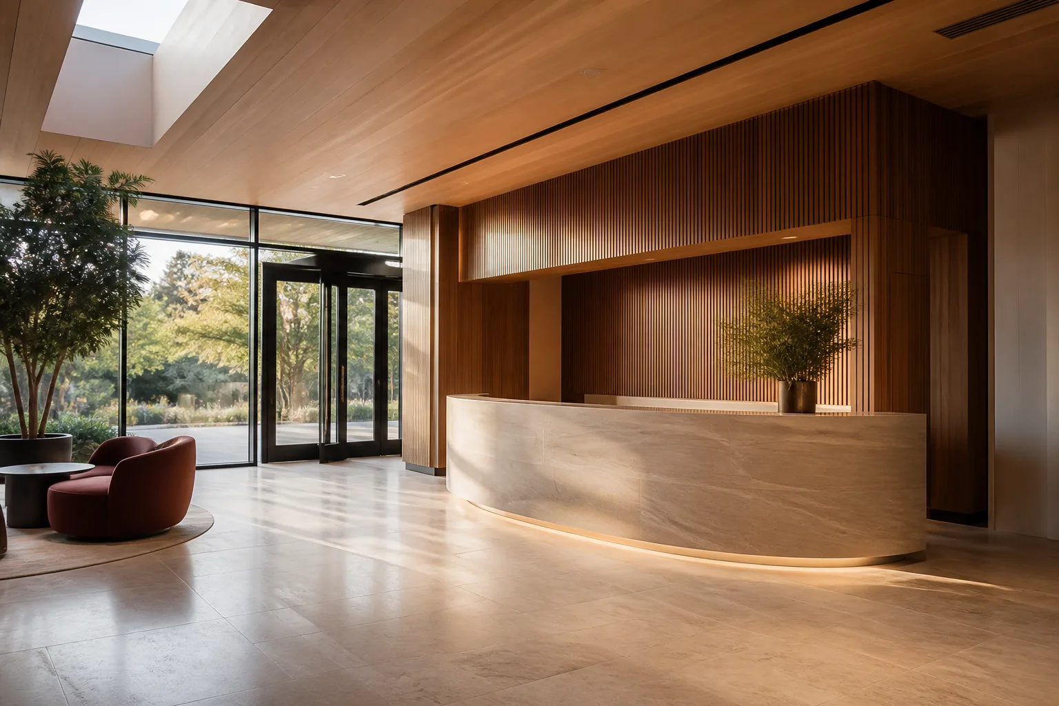 Sunlit Napa commercial reception with wood and stone finishes