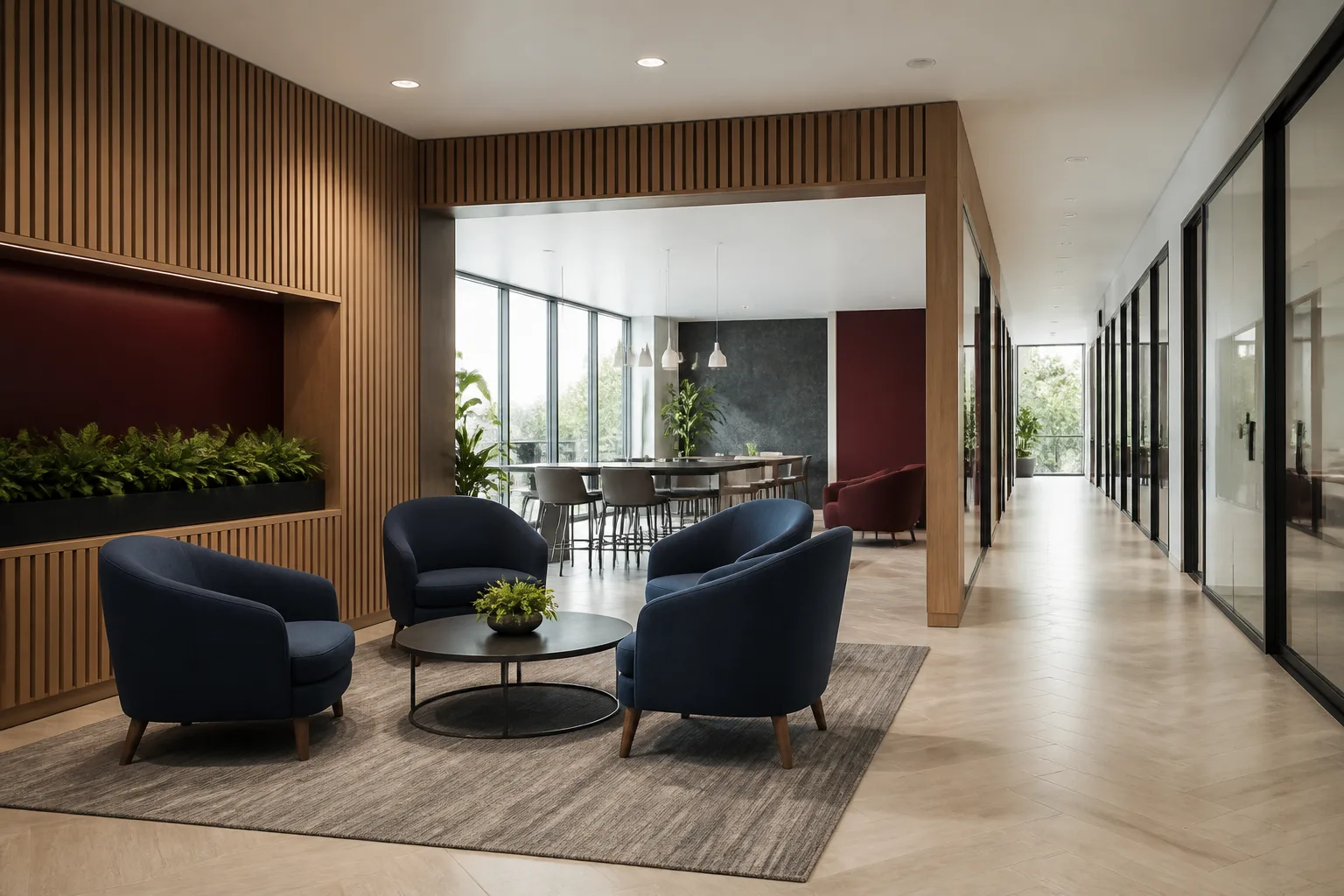 Napa workplace lounge with navy seating and wood details