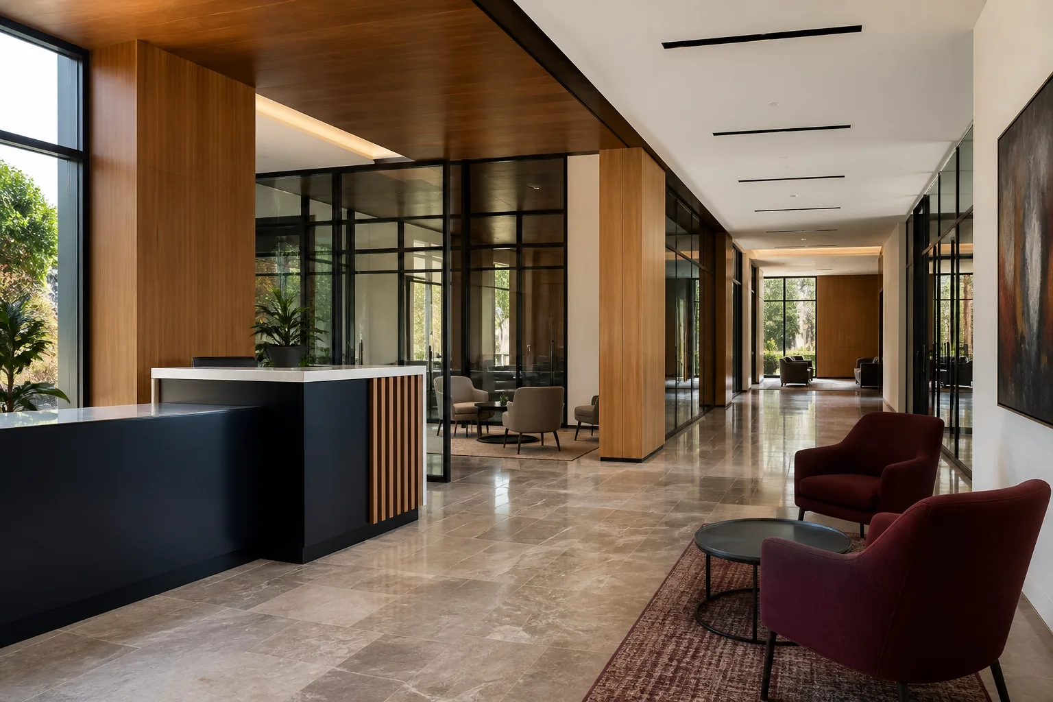 Polished Napa commercial lobby with reception and guest seating