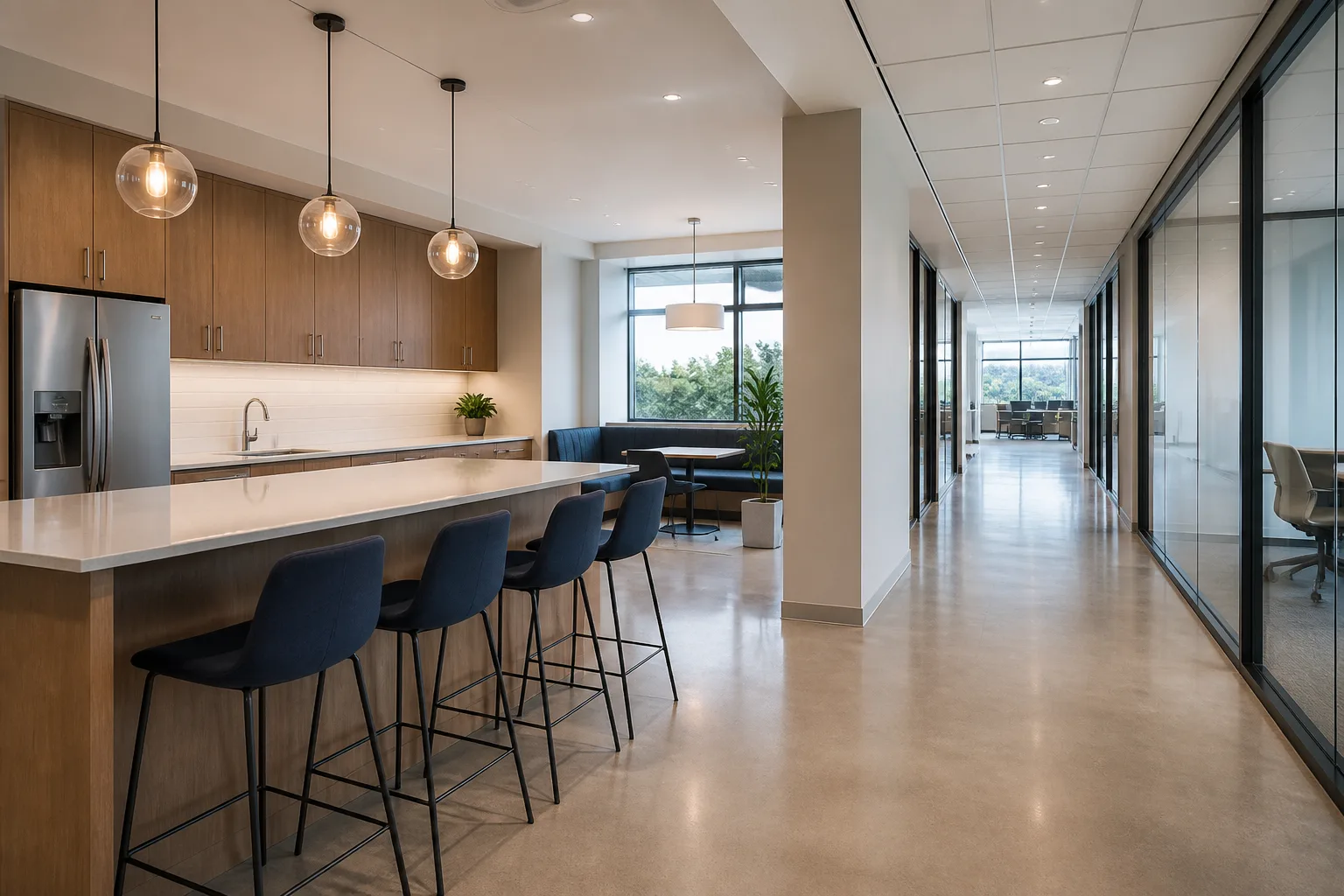 Napa office breakroom beside a glass-walled corridor