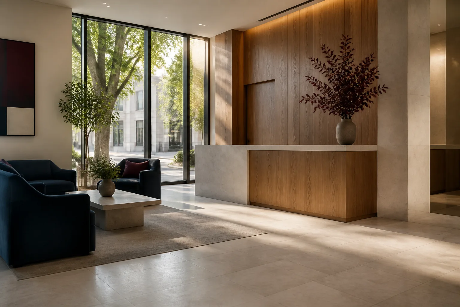 Sunlit Napa commercial reception with warm wood and stone finishes