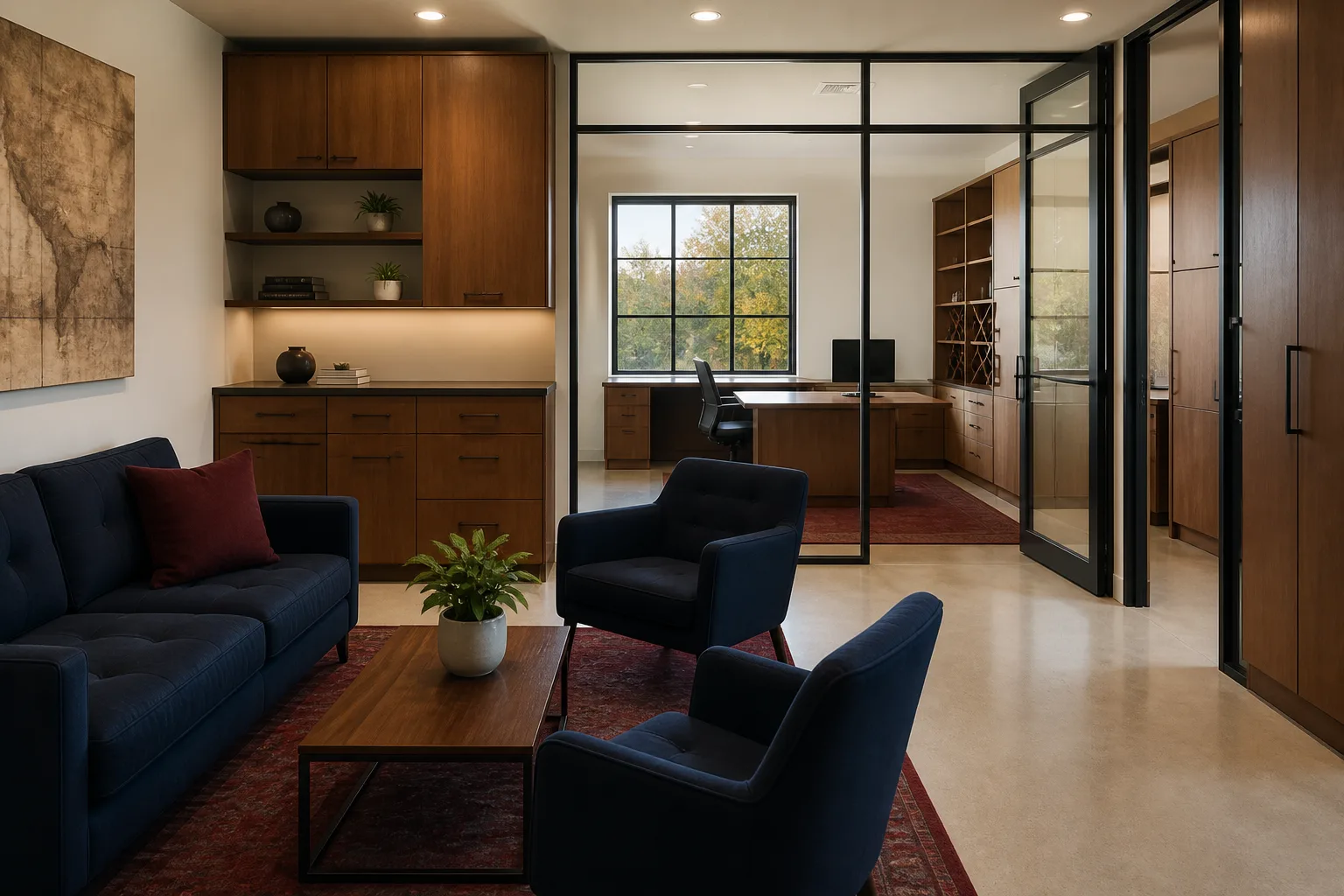 Napa office lounge adjoining a private workspace