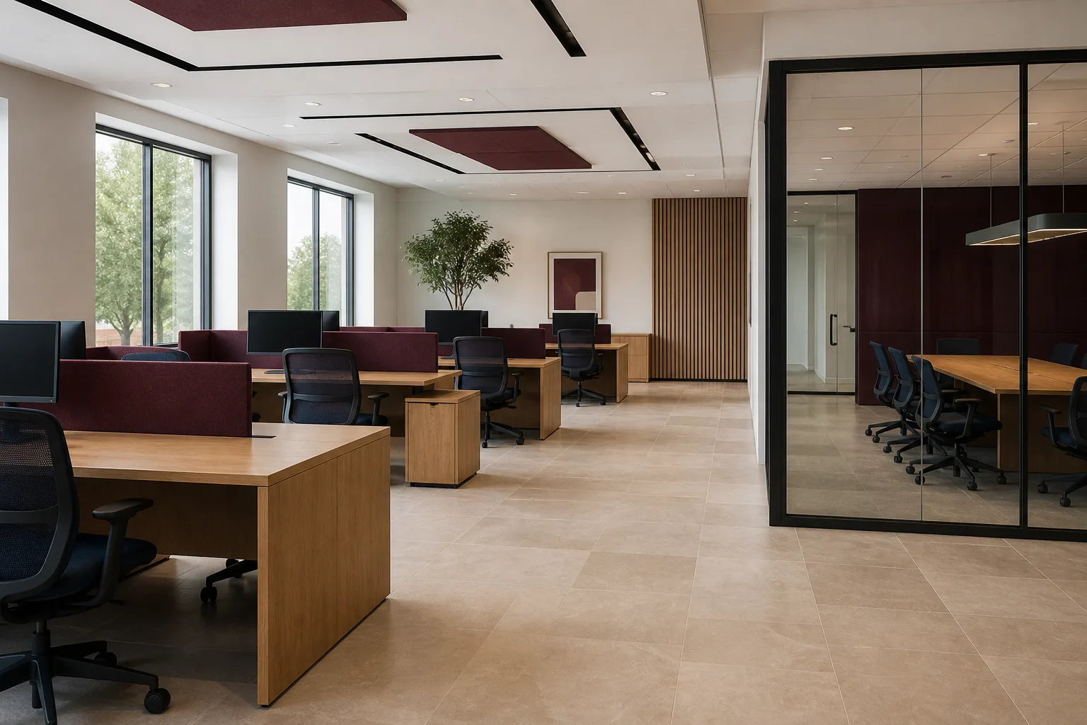 Napa office workstations beside a glass conference room