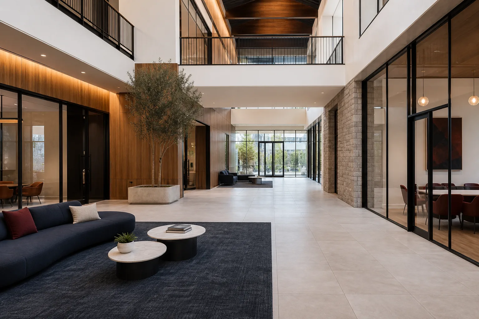 Napa commercial atrium with stone and glass surfaces
